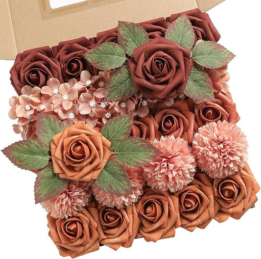 YYHUAWU Artificial Flowers Combo Box Set Gradient Color Flower Leaf with Stems for DIY Wedding Bouquets Centerpieces Baby Shower Party Home Decorations