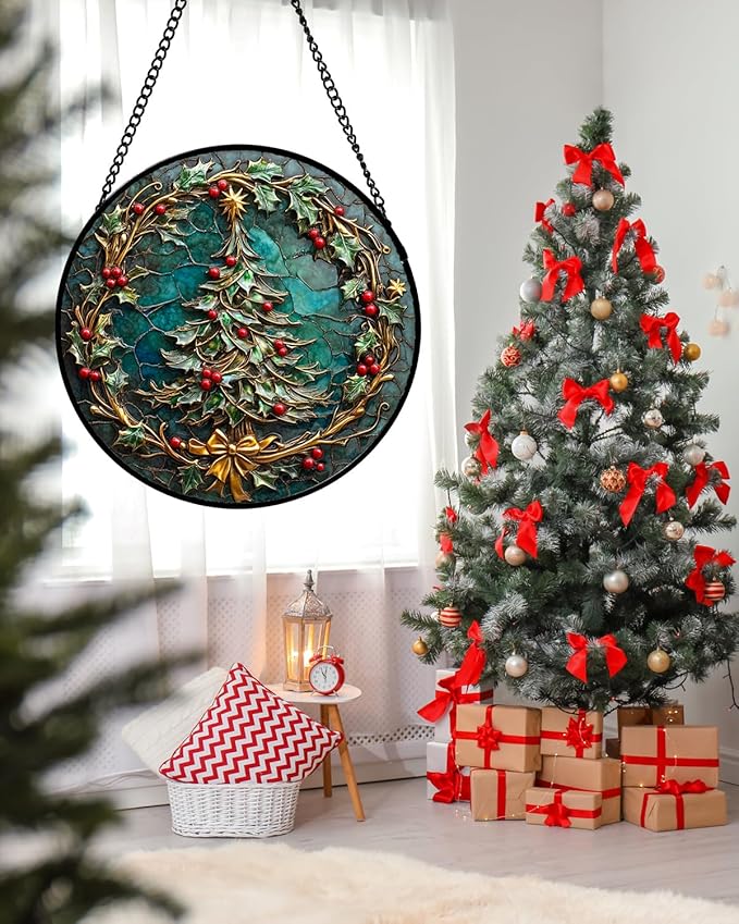 Stained Glass Window Hangings - Red Gold Green Wreath Suncatcher for Door Home Christmas Tree Decoration Sun Catcher Thanksgiving New Year Birthday Gift for Women Men Mom Grandma 7.8 in