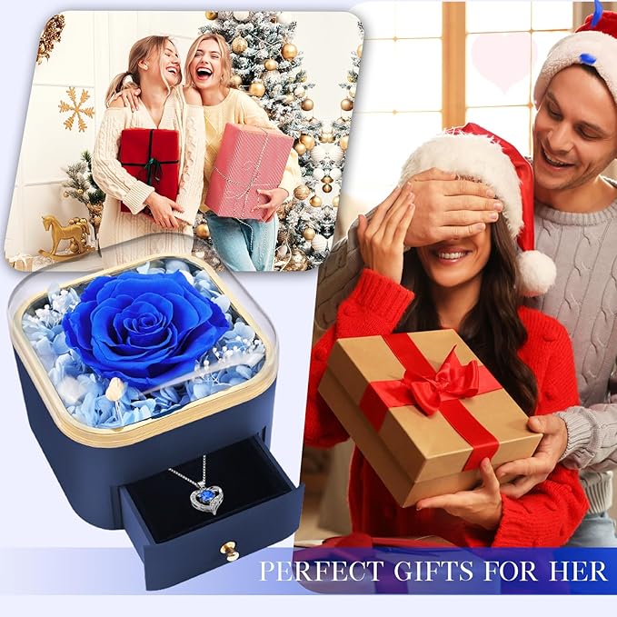 Beferr Christmas Day Rose Gifts for Mom Women Birthday Gifts Preserved Real Rose with Necklace Eternal Roses Forever Flowers for Delivery Prime Xmas Day Flower Gifts for Grandma Wife Daughter Sister