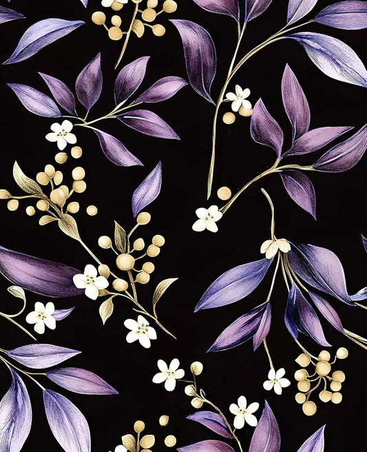 Dark Peel and Stick Wallpaper Vintage, Black Purple Leaf Removable Self-Adhesive Vinyl for Bathroom Bedroom Kitchen Drawer Cabinet, Golden Floral Pattern Wall Decor Retro Style 17.5" x 118"