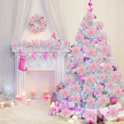 Geosar 24 Pieces Christmas Glitter Poinsettia Flowers Layered Artificial Xmas Flowers Wedding Christmas Tree New Year Ornaments 3/4/6 Inch(Pink)