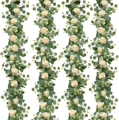 TOCHGREEN 4Pcs(26 Ft) Artificial Eucalyptus Flower Garland with Champagne Rose Flowers,Faux Rose Vine Gypsophila,Floral Greenery for Party Wedding Table Decor (Champagne, 4PCS)