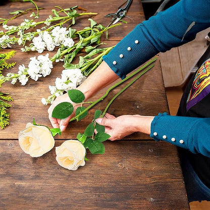 Champagne Artificial Roses with Long Stems, 12Pcs Realistic Roses Artificial Flowers, Faux Roses | Bulk Fake Flowers for Home Decor, Wedding Party Table Centerpieces, DIY Bouquet