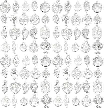 WOCRAFT 60pcs Bright Silver Tree Leaf Charms Bracelet Charms for Jewelry Making Sets DIY Necklace Bracelet Keychain Crafting Charms Kit Craft Supplies (SN891)