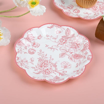 Pink Floral Party Plates Vintage Floral Leaf Disposable Paper Plates Wildflower Pink Toile 7" Scalloped Rim Dessert Plates for Valentines Birthday Bridal Tea Party Supplies (24)