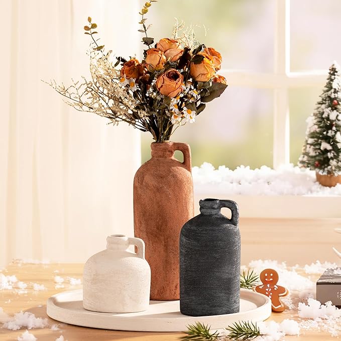 Ceramic Vase Home Table Decor - Flower Vase Set of 3 Living Room Kitchen Decorations Farmhouse Modern Rustic Vases Decorative Centerpiece for Shelf Bedroom Office Bathroom Dining Coffee Desk