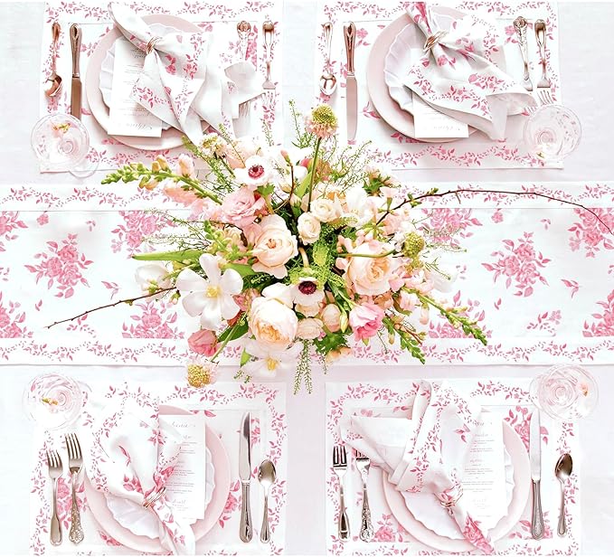 Solino Home Pink Floral Print Table Runner 90 Inches Long - 100% Pure Linen Table Runner 14 x 90 Inch - Handcrafted and Machine Washable - Jolie Fleur Print
