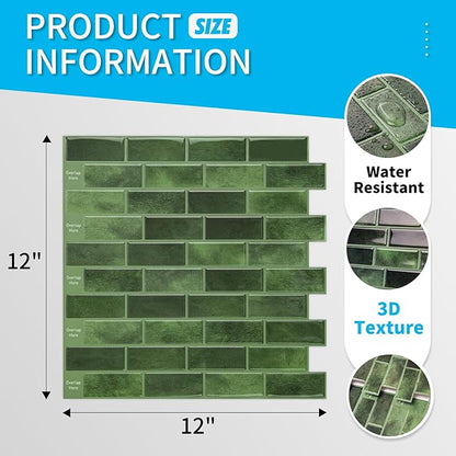 Art3d 10-Sheet Kitchen Backsplash Tiles Peel and Stick, Self Adhesive Wall Tile Sticker for Kitchen Island Bathroom Laundry Room RV Renter 12" x 12" - Jade Green