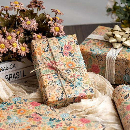 MAYPLUSS Colorful Floral Kraft Wrapping Paper Roll - 17Inch x 33Feet - Garden Boho Floral Gift Wrap Paper Spring Summer Blooms Sheet for Wedding, Bridal Shower, Birthday and Engagement