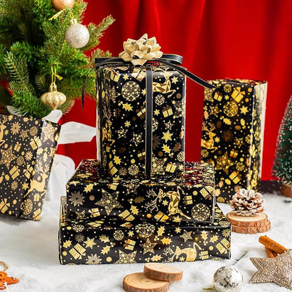 MAYPLUSS Shiny Christmas Wrapping Paper Roll - 17 Inch X 33 Feet - Luxury Metallic Foil Golden Reindeer Gift Snowflake Star on Black Design Winter Holiday Gift Wrap Paper for Party Birthday Wedding