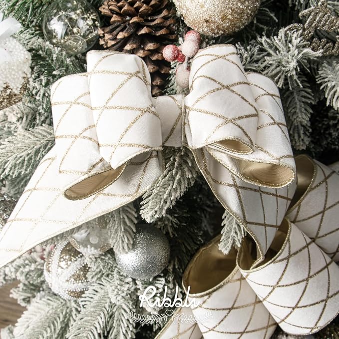 Ribbli White Velvet Ribbon Wired with Glitter Diamond Grid 4 Inch Christmas Ribbon for Christmas Tree Decoration Big Bow Gift Wrapping Crafts Wreaths Garland Supplies - 10 Yards