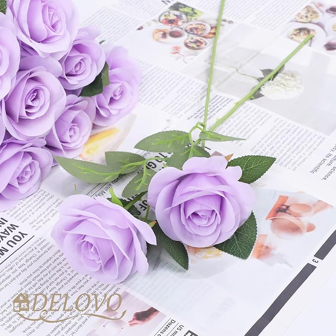 52pcs Lavender Roses Artificial Flowers Fake Flowers Silk Roses with Stems for DIY Wedding Bouquets Bridal Shower Centerpieces Arrangements Party Decorations