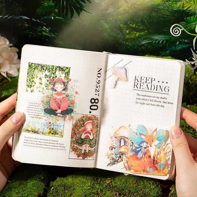 TIAMECH Healing Forest PET Stickers - 72 Pcs Strawberry Girl & Fantasy Flower Fox Wolf Design, Waterproof Sticker for Journaling & Scrapbooking, Junk Journal Supplies, Ephemera & DIY Crafts