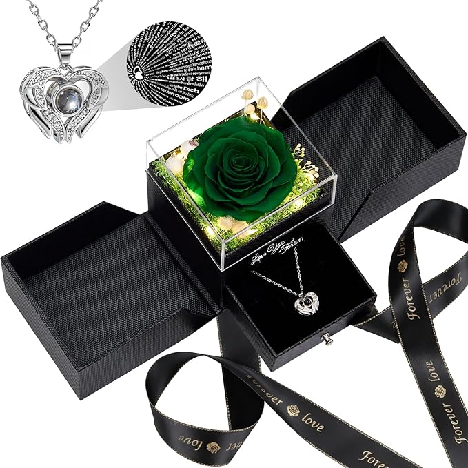 FIACO Gifts for Women Preserved Real Roses with I Love You Necklace Fresh Forever Flowers Birthday Gifts for Mom Grandma Wife Girlfriend on Anniversary Christmas Valentines Romantic Gift