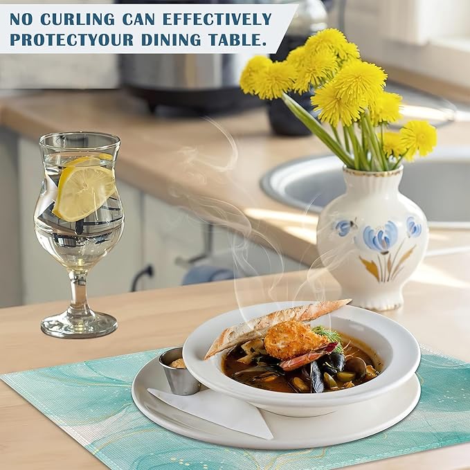 Placemats-Pastel Cyan Flowing Gold Marble Linen Table Place Mats Set of 4 Non-Slip Heat Resistant Table Mats for Dining Kitchen Cabin Decor 12x18 Inch