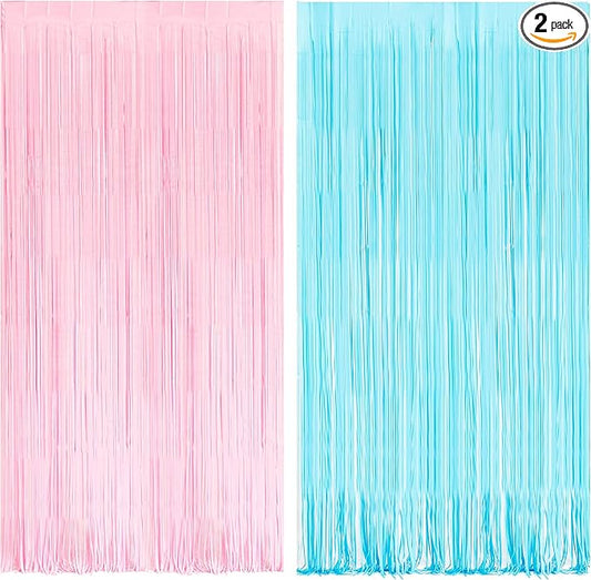 BRAVESHINE Tinsel Photo Backdrop Curtains - 2 Pack 3.2x8.2ft Pastel Pink Blue Foil Fringe Streamer Curtain for Christmas/Boy or Girl Birthdays/Mermaid/Candy/Donuts/Easter/Engagement Party Decorations