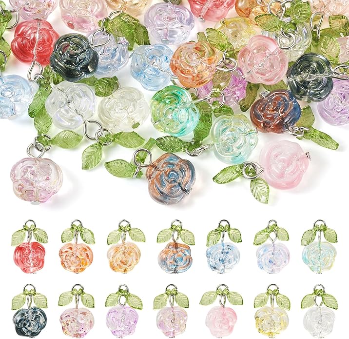 Beadthoven 28pcs Crystal Glass Rose Flower Charms 14 Colors Glass Flower Pendants Mini Rose Dangle Charms Jewelry Making Findings for DIY Earrings Bracelets Necklaces Women