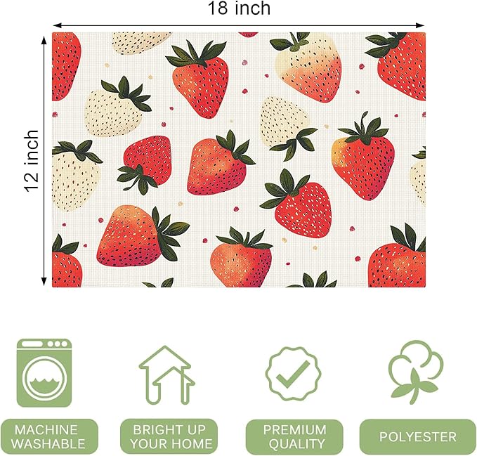 Sweet Strawberry Placemats Set of 6 Washable Table Mats Spring Summer Fruit Heat-Resistant Cotton Linen Place Mats for Dining Table Kitchen Indoor Outdoor Party Holiday Decor