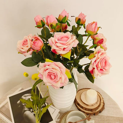 ATFL Fake Pink Roses Flowers, 6 Pcs Faux Silk Real Touch Moisturizing Artificial Pink Rose Flowers for Decoration DIY, Wedding Party, Home Office Decoration and Dining Table Centerpiece (6, Pink)