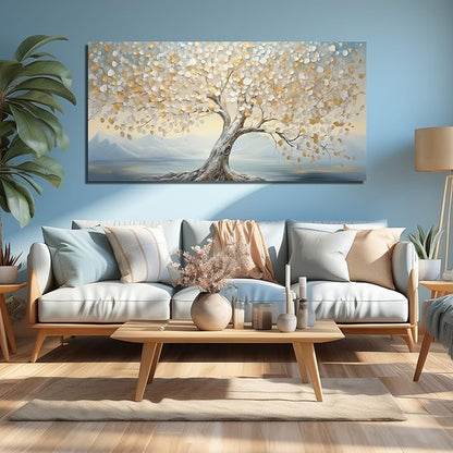 Large Tree Decor Art Bedroom Gold Canvas Wall Decor Light Blue Picture Wall Art for Living Room Office 29" x 59" White Artwork Poster