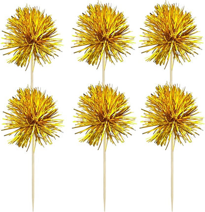 Gyufise 30Pcs Foil Firework Cupcake Toppers Sparkle Tinsel Cake Toppers Tinsel Drink Cake Decoration Cocktail Picks for Birthday Wedding Graduation Party Supplies Dark Gold