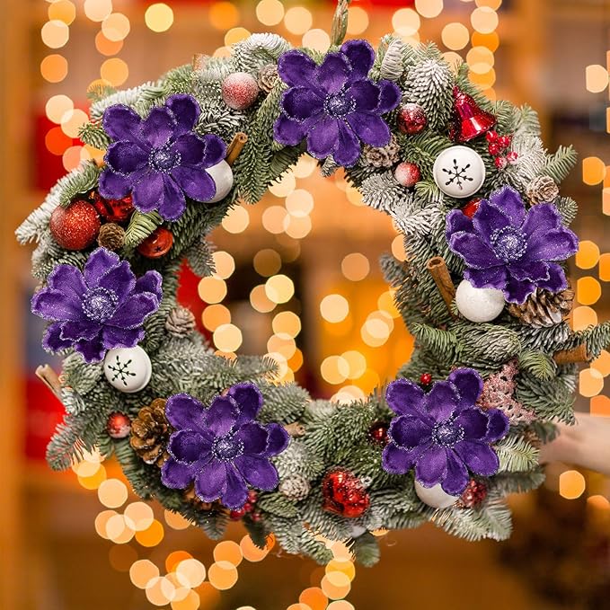 20 Pcs Christmas Glitter Poinsettia Magnolia Flowers Ornaments Large Heads Artificial Magnolia Flowers for Christmas Tree Xmas Wreath Holiday Wedding Decor (Purple)