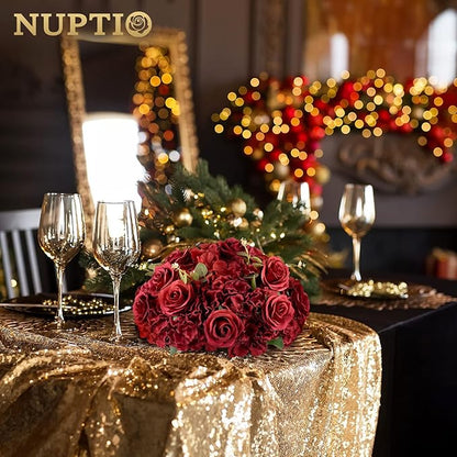 Nuptio Flower Wedding Centrepieces for Tables: 2 Pcs Burgundy Artificial Flowers Roses Balls 14.2 inch Diam for Centerpiece Fake Silk Rose Arrangements for Weddings Reception Birthday Party Decoration