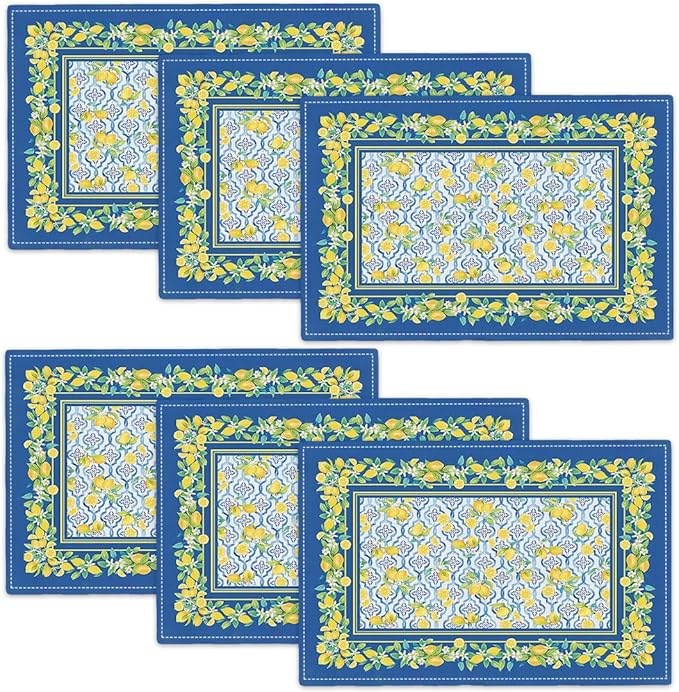 Lemon Placemats Set of 6, Farmhouse Blue Yellow Fruits Spring Summer Double-Sided Table Mats for Kitchen Dining Room Home Party Indoor Decor 6 PCS 12x18 Inch