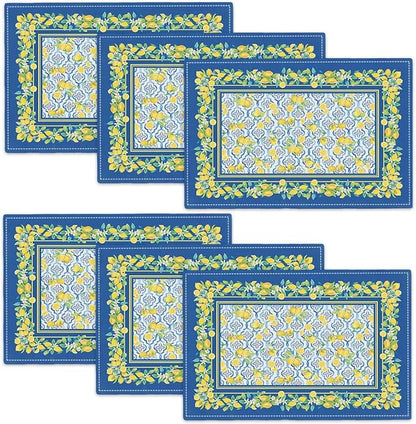Lemon Placemats Set of 6, Farmhouse Blue Yellow Fruits Spring Summer Double-Sided Table Mats for Kitchen Dining Room Home Party Indoor Decor 6 PCS 12x18 Inch