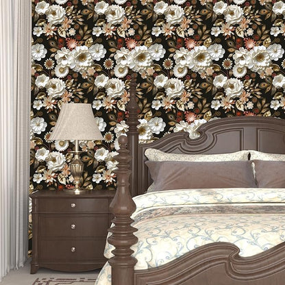 White Gold Floral Wallpaper Peel and Stick Dark Flower Contact Paper 17.5in x 393in Vintage Wallpaper Vinyl Waterproof Self Adhesive Boho Leaf Botanical Wall Paper for Bedroom Cabinet Table Decoration