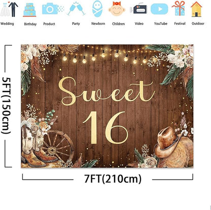SVBright Sweet 16 Backdrop 7Wx5H Western Cowgirl Retro Boho Pampas Grass Country Flower Floral West Rustic Wooden Boots Hat Farmhouse Decorations Photography Background Banner Photo Booth Studio