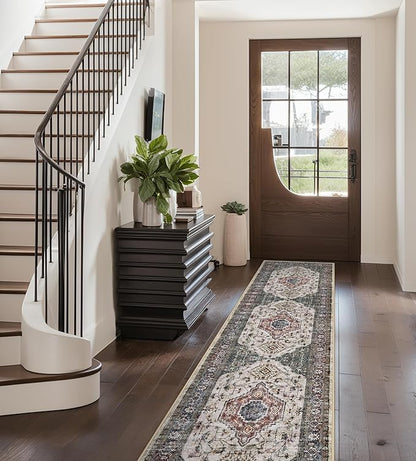 Lahome Oriental Hallway Runner Rug, 2.5x8 Kitchen Runner Non Slip Ultra-Thin, Soft Washable Hallway Rug Non Shedding Long Carpet for Entryway ‎Laundry Room Bathroom, Brown/Grey