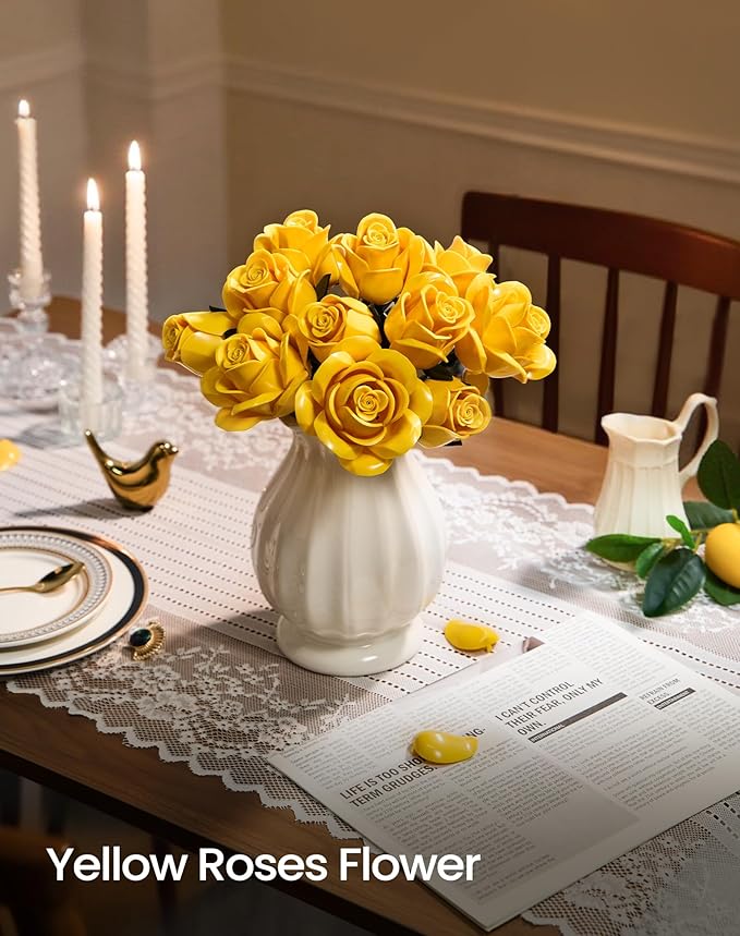 iATOM Yellow Rose Bouquet Building Set, Artificial Flowers Botanical Collection Kit for Adults, Gift for Christmas and Valentines Day, Warmming Home Office Table Centerpiece Decor - IA11019