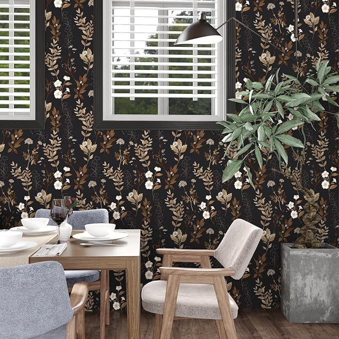 Black Floral Peel and Stick Wallpaper 17.4" x 197" Vintage Dark Gold Leaf Contact Paper Waterproof Self-Adhesive Vinyl Wall Covering for Bedroom Bathroom Countertop Cabinets, Boho Wall Decor