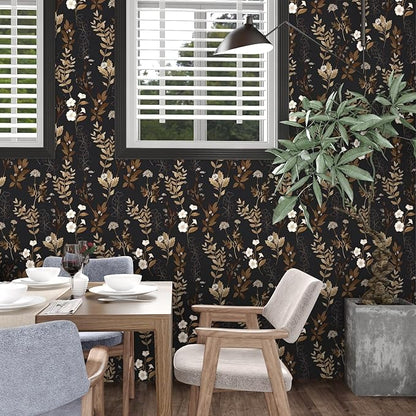 Black Floral Peel and Stick Wallpaper 17.4" x 197" Vintage Dark Gold Leaf Contact Paper Waterproof Self-Adhesive Vinyl Wall Covering for Bedroom Bathroom Countertop Cabinets, Boho Wall Decor