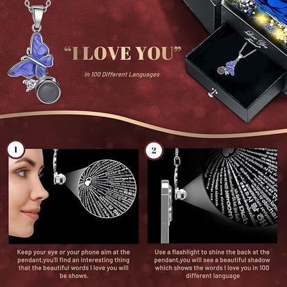 DRTINA Preserved Blue Real Rose with I Love You Butterfly Necklace-Eternal Flowers Rose Birthday Gifts for Women Wife Mom Girlfriend Grandma on Mothers Day Valentines Anniversary Christmas Romantic
