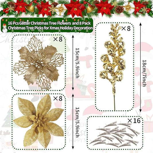 24Pcs Gold Glitter Poinsettia Christmas Tree Ornaments and Glitter Berries Stems, 16Pcs Christmas Artificial Flowers and 8 Pack Christmas Tree Picks for Wedding Holiday Decorations