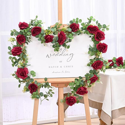 Dolicer 2Pcs 13Ft Artificial Eucalyptus Garlands with Flowers - 8 Roses, Faux Floral Greenery Garlands Fake Flowers Vines for Wedding Table Centerpieces Arch Party Ceremony Backdrop Decor (Red)