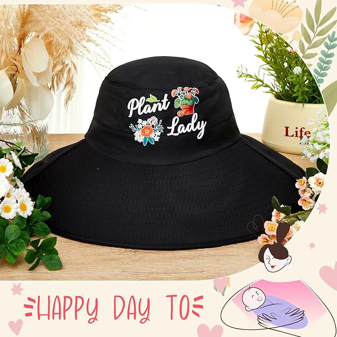 Garden Hats for Women Gardener Gifts Sun Protection Wide Brim Embroidered Hat with Neck Flap for Christmas Birthday