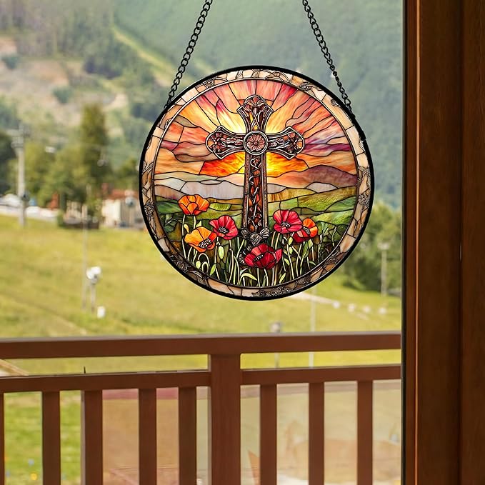 Christian Gifts for Women - Cross Stained Glass Window Hanging Jesus Easter Poppy Sunset Landscape Sun Catcher Garden Religion Decor Mother's Day Catholic Gift for Men Grandma Mom Her 7.8"