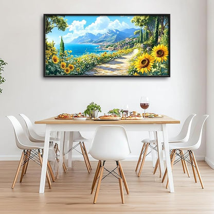 Coastal Sunflowers Large Wall Art Framed Wall Decor for Living Room Ocean Coast Pictures Oversized Canvas Print Painting Modern Extra Large Framed Artwork for Bedroom Office Home Decor 60"x30"