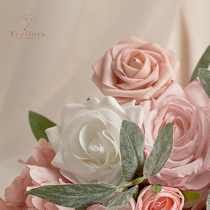 Artificial Flowers, 25pcs Artificial Rose for DIY Wedding Bouquets Centerpieces Arrangements, Pink Foam Roses with Stem for Bridal Shower Party Home Decorations