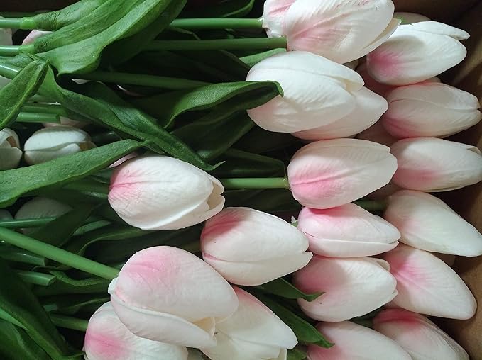 10-Heads Home Decor Mini Tulip Real Touch Tulip Artificial Flowers Bouquets for Home Wedding Party Centerpiece Decoration (Pink and White)