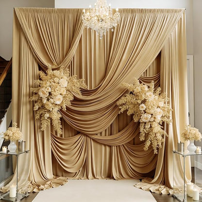 PartyVillage 10ft×15ft Beige Backdrop Curtain for Wedding Parties, 2 Panels Wrinkle Free 15 FT Long Polyester Photo Backdrop Drapes Back Drop Cloth for Birthday Photography Background