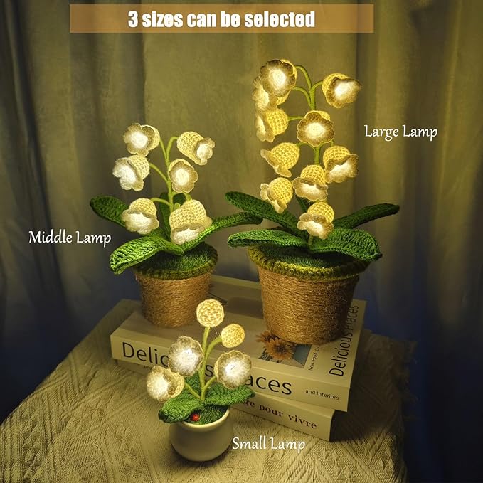 Lily of The Valley Lamp, Crochet Artificial Flower with 7 Little Night Lights, Cute Gifts for Women Wife Girlfriend Birthday Christmas Valentine Mother's Day -Medium
