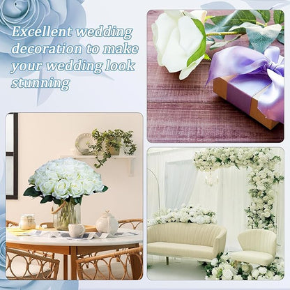 30pcs Fake Roses Artificial Silk Flowers Long Stems Bouquet for Wedding Bridal Shower Party Home Decoration (White)