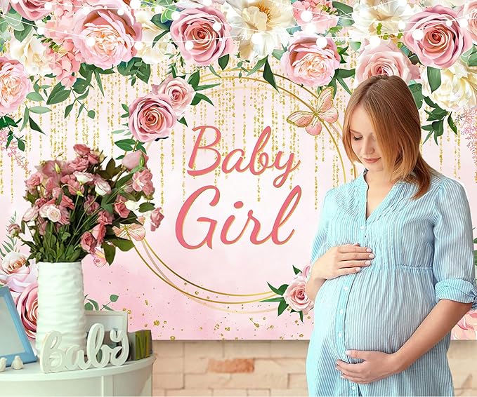 InMemory Pink Rose Baby Girl Baby Shower Backdrop Banner Decorations for Girl,Pink Gold Floral It's a Girl Banner Photography Background for Sweet Girls Baby Shower Party Decor Photo Booth Props 8x6ft