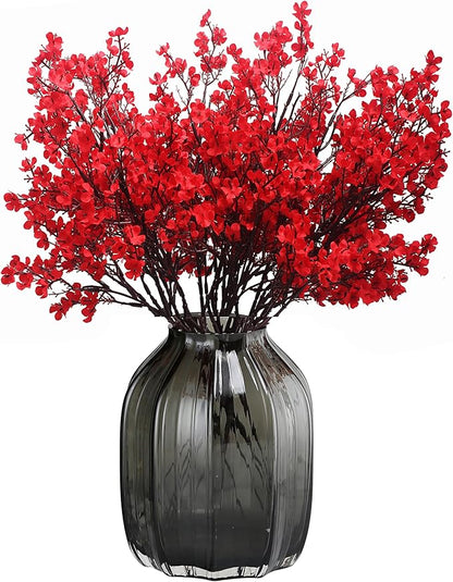 JAKY-Global 10pcs Babys Breath Artificial Flowers with Vase Gypsophila Bouquet Bulk Fake Spring Silk Flowers Real Touch Faux Floral for Home Bedroom Kitchen Garden Wedding Christmas DIY Decor (Red)