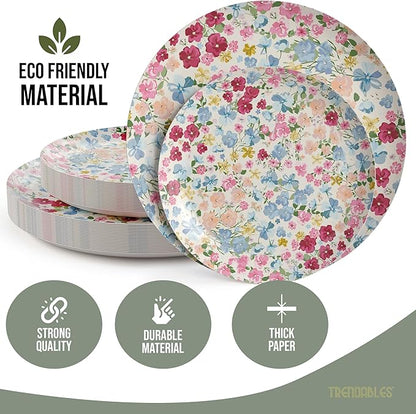 Trendables Floral Paper Plates 8.5 Inch & 10.5 Inch 40 Pcs Dinner Plate Set Fancy Disposable Plates for Party for 20 Guests 20 X 8 & 20 X 10 Large & Small Paper Plate Set for Parties Meadow