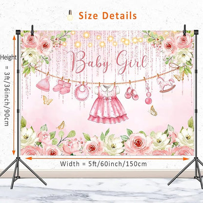Pink Floral Baby Girl Baby Shower Backdrop Banner Decorations,Rose Gold Flower Its a Girl Banner Backdrops Photography Background for Baby Shower Newborn Party Supplies Photo Booth Props 5x3ft